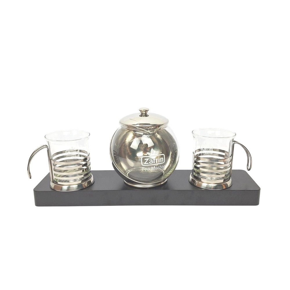 Zarrin Tea Master Glass & Stainless Steel Teapot with 2 Mugs and Base Set